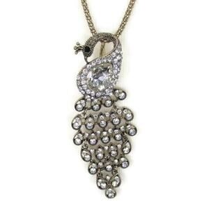 28in Peacock Necklace Rhinestone Cascade 4in Pendant Silver Tone Articulated